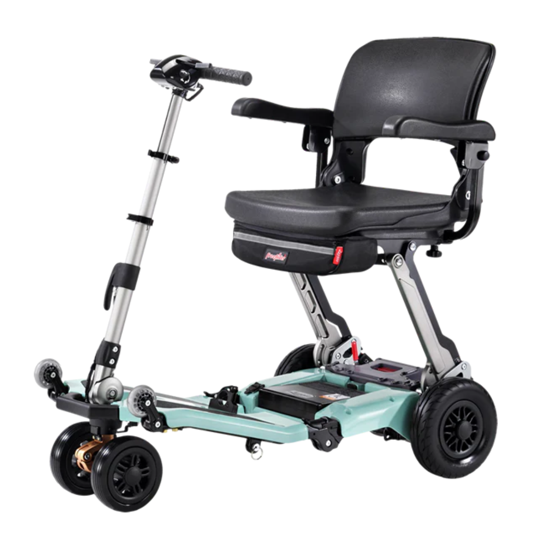 The FreeRider Luggie Super Plus 3 Travel Scooter is a compact, foldable mobility scooter with four wheels, a black seat and armrests, plus a light green base and steering handlebars—perfect for easy transport and reliable mobility assistance.